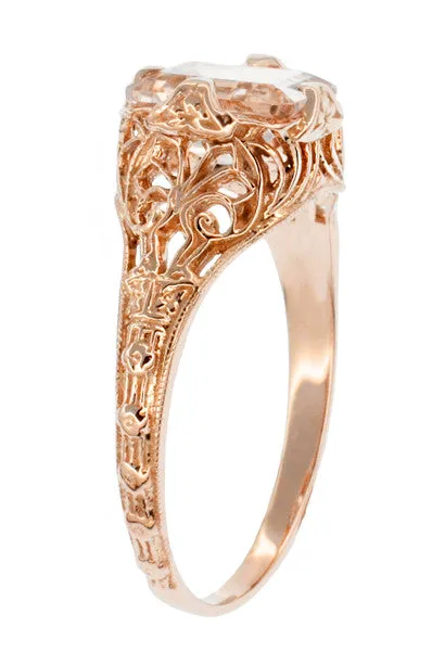 Edwardian Emerald Cut Morganite Engagement Ring in 14K Rose Gold Filigree