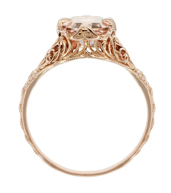 Edwardian Emerald Cut Morganite Engagement Ring in 14K Rose Gold Filigree