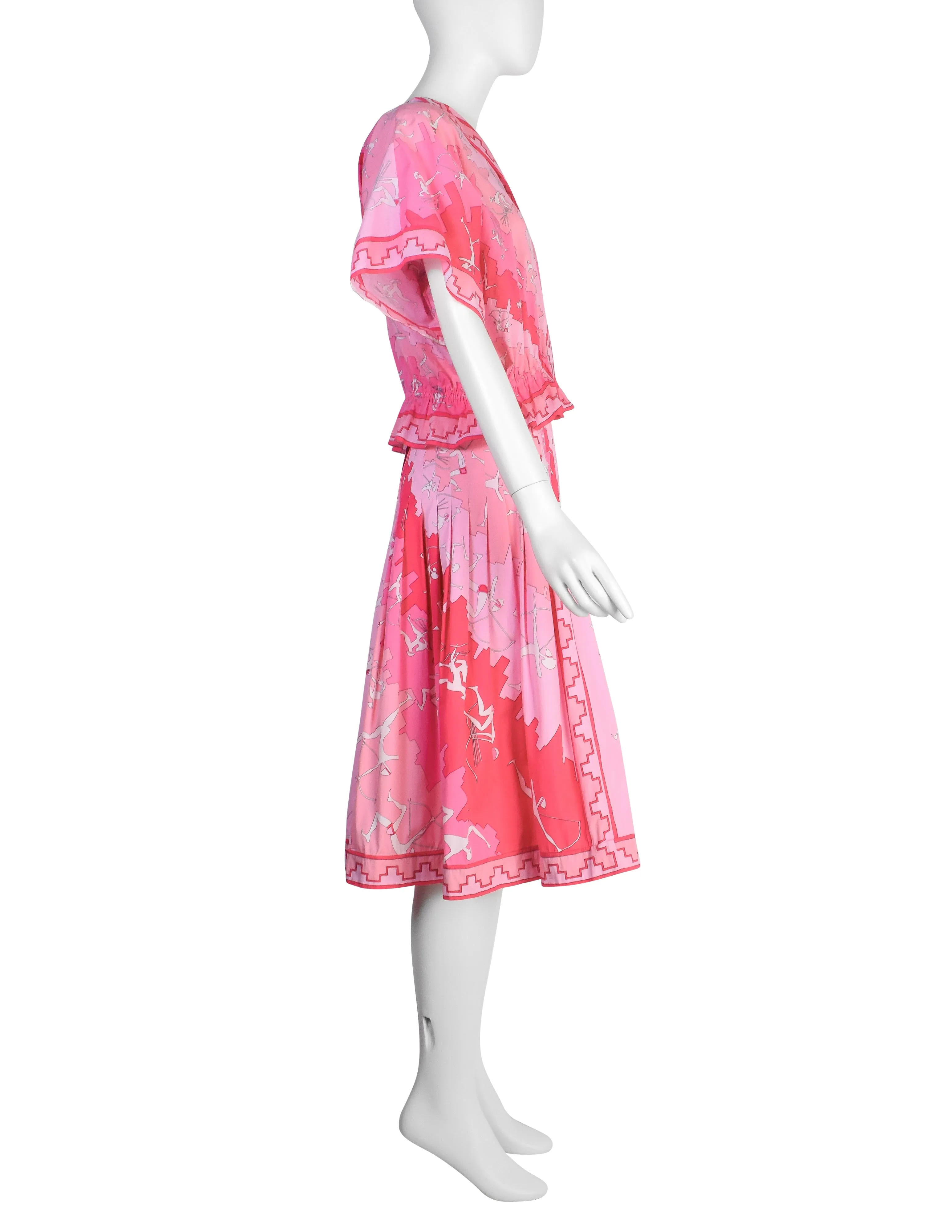 Emilio Pucci Vintage 1960s Pink Psychedelic Archer Novelty Print Cotton Top Skirt Ensemble