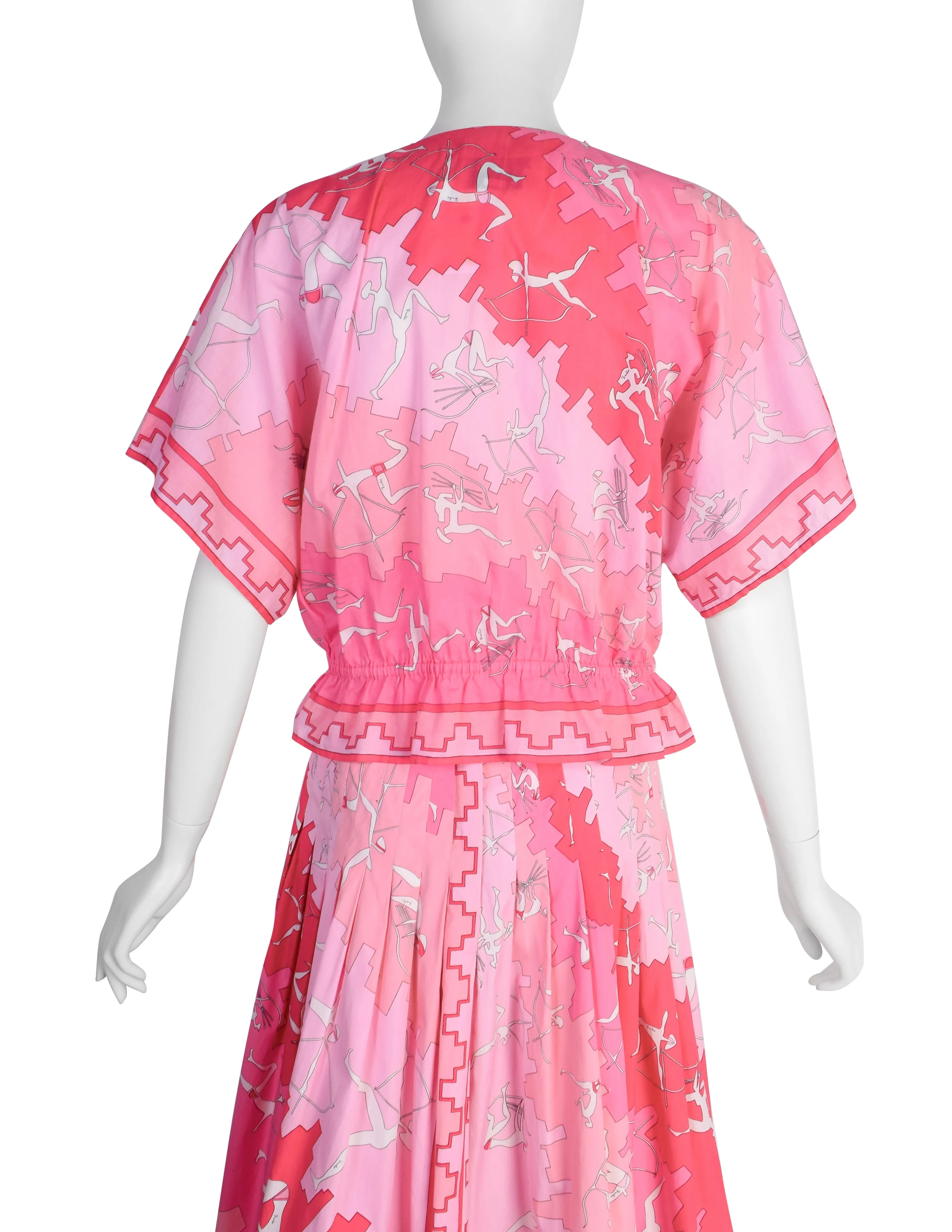 Emilio Pucci Vintage 1960s Pink Psychedelic Archer Novelty Print Cotton Top Skirt Ensemble