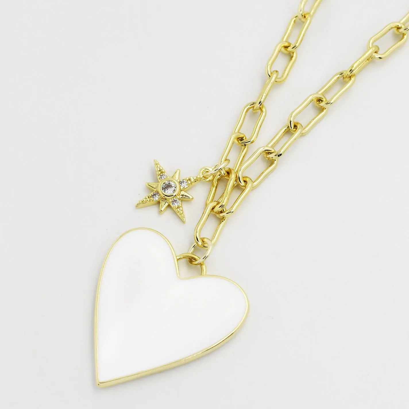 Enamel Heart/Star Necklace White J2