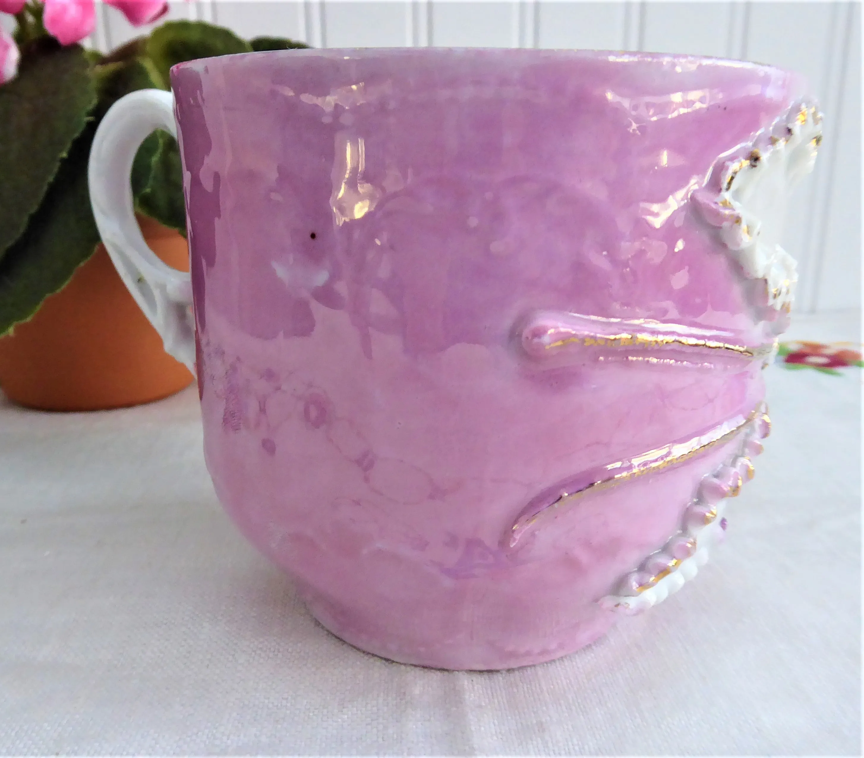 Fancy Pink Luster Victorian Souvenir Mug Raised Gold Flower 1890s Copper Luster