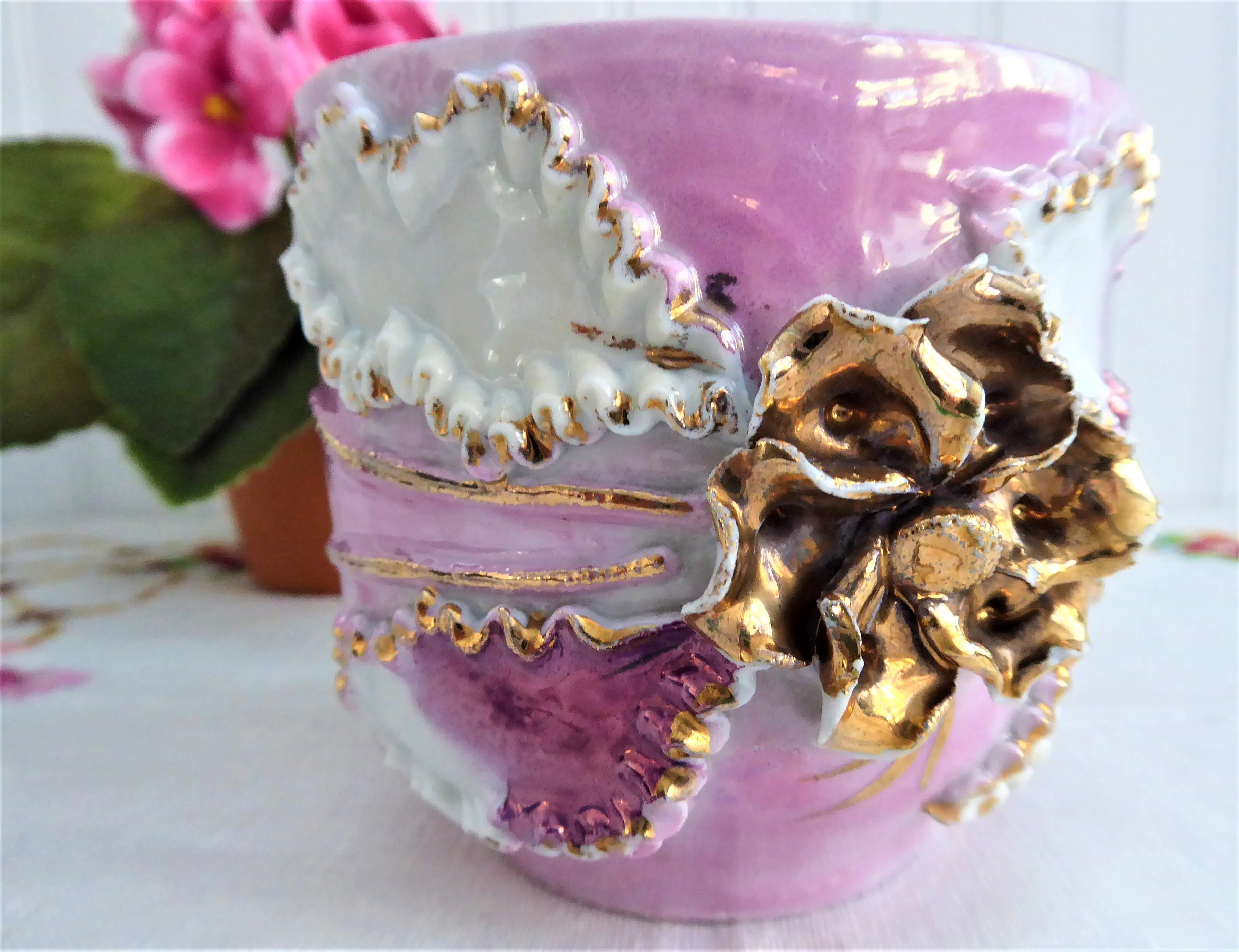 Fancy Pink Luster Victorian Souvenir Mug Raised Gold Flower 1890s Copper Luster