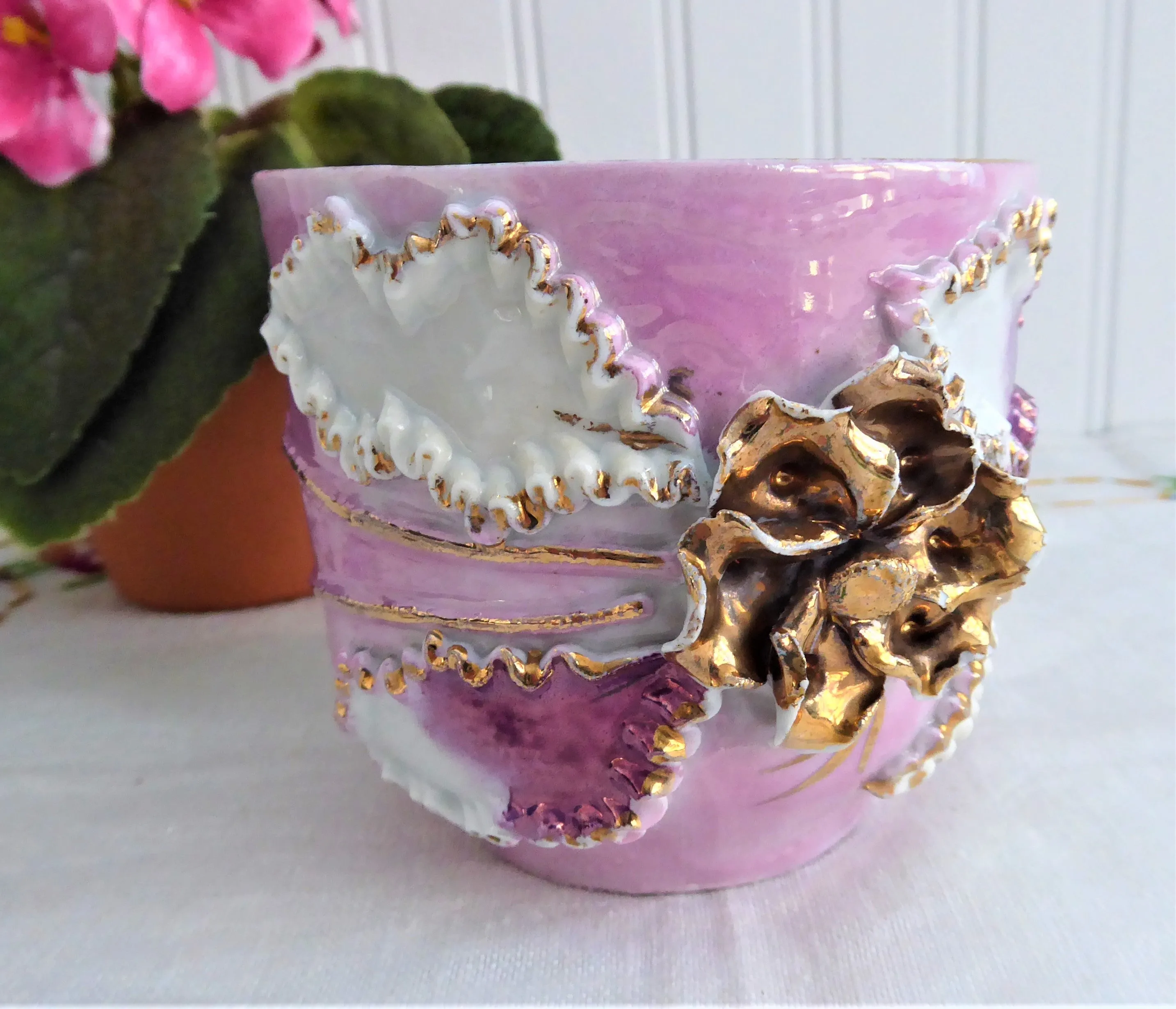 Fancy Pink Luster Victorian Souvenir Mug Raised Gold Flower 1890s Copper Luster