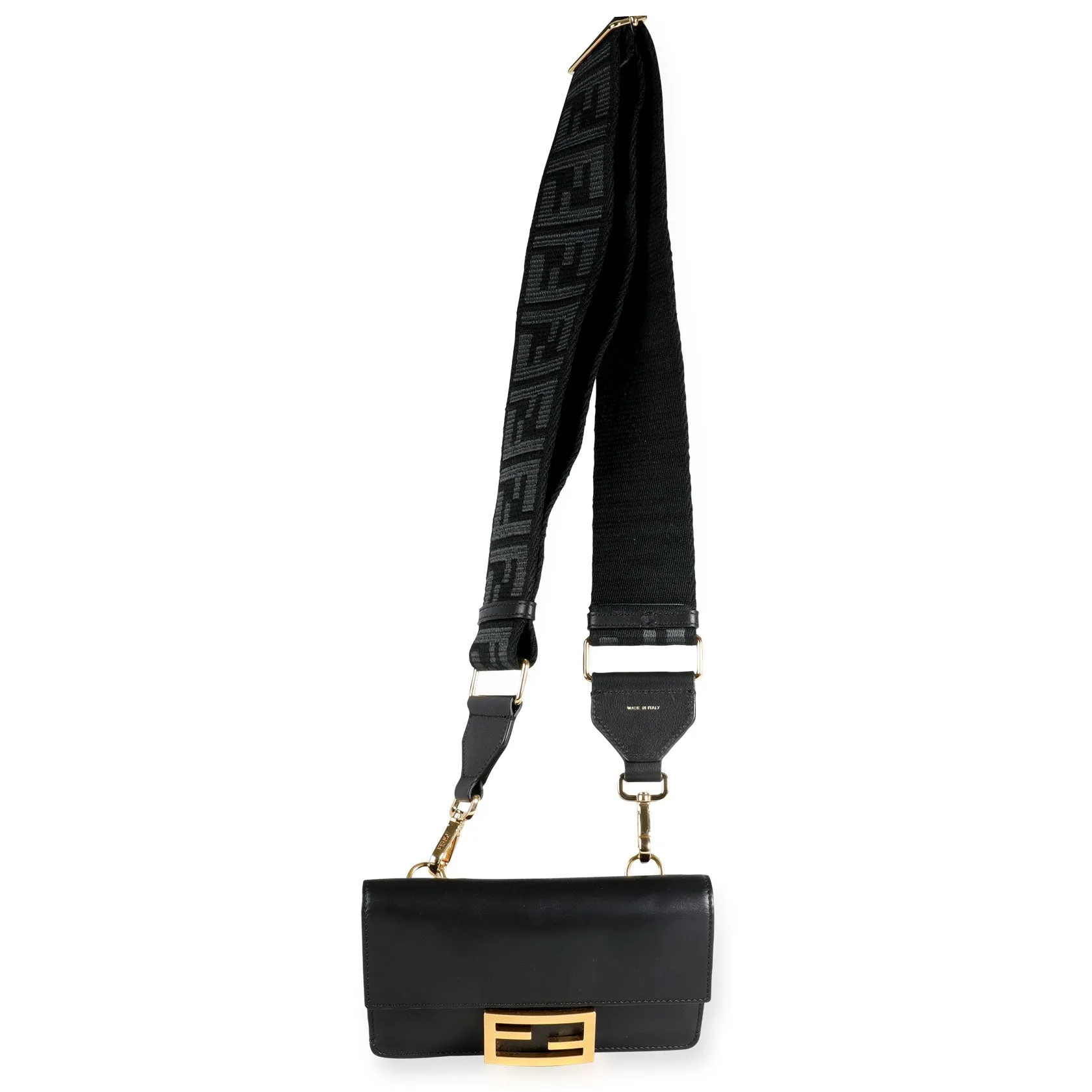 Fendi Black Calfskin Mini Flat Baguette with Black 'Strap You' Strap