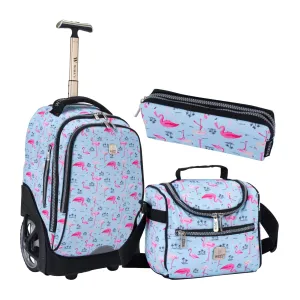 Flamingo Summer Big Wheel School Bag Trolley Set of 3 (Lunch Bag & Pencil Case)