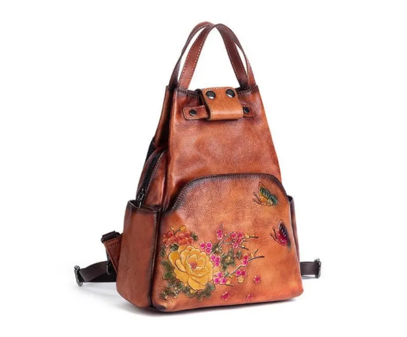 Floral Butterfly Embossed Leather Handbag  Women Backpack