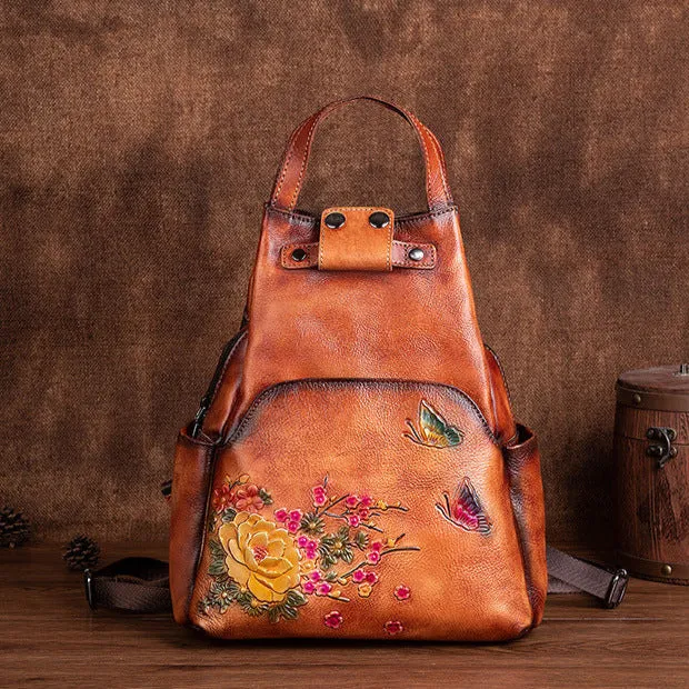 Floral Butterfly Embossed Leather Handbag  Women Backpack