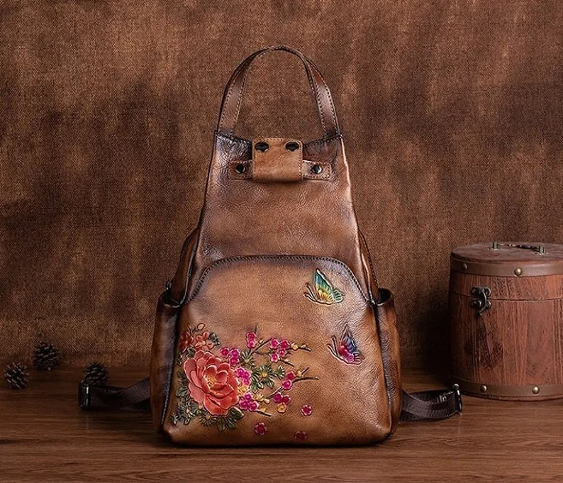 Floral Butterfly Embossed Leather Handbag  Women Backpack