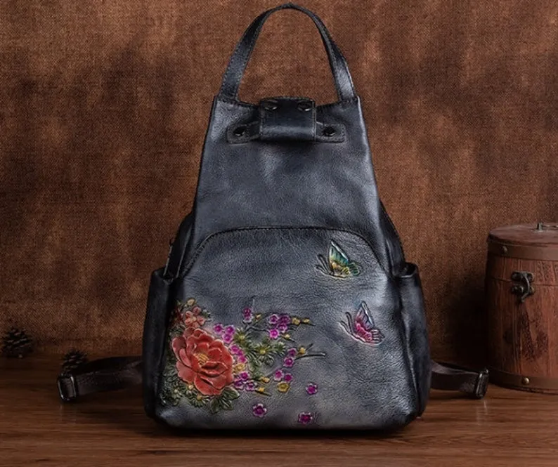 Floral Butterfly Embossed Leather Handbag  Women Backpack