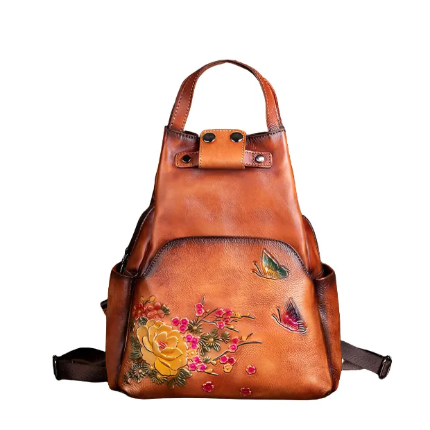 Floral Butterfly Embossed Leather Handbag  Women Backpack