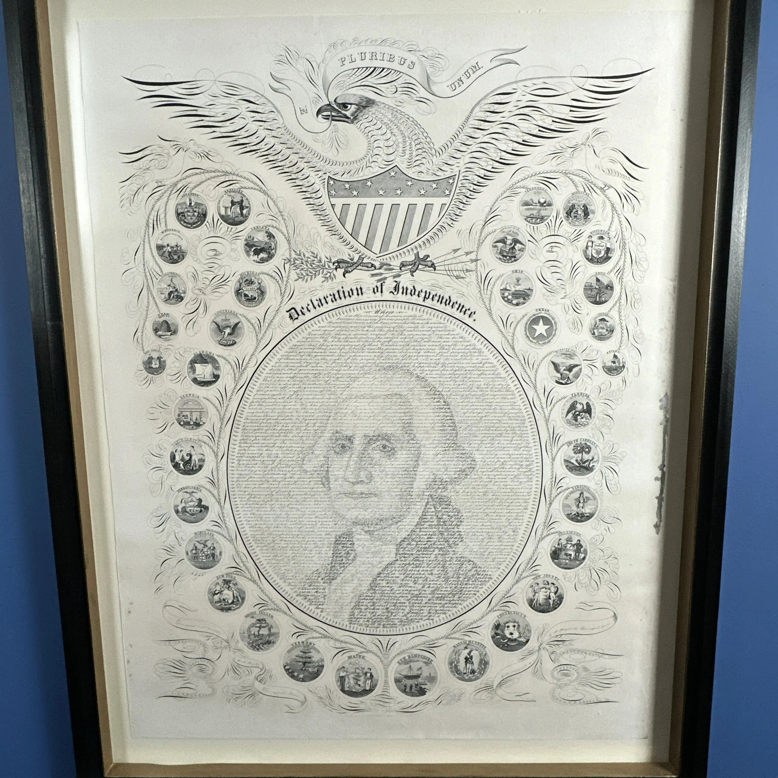 Framed "Declaration of Independence" Calligraphy of George Washington with the seals of 16 states