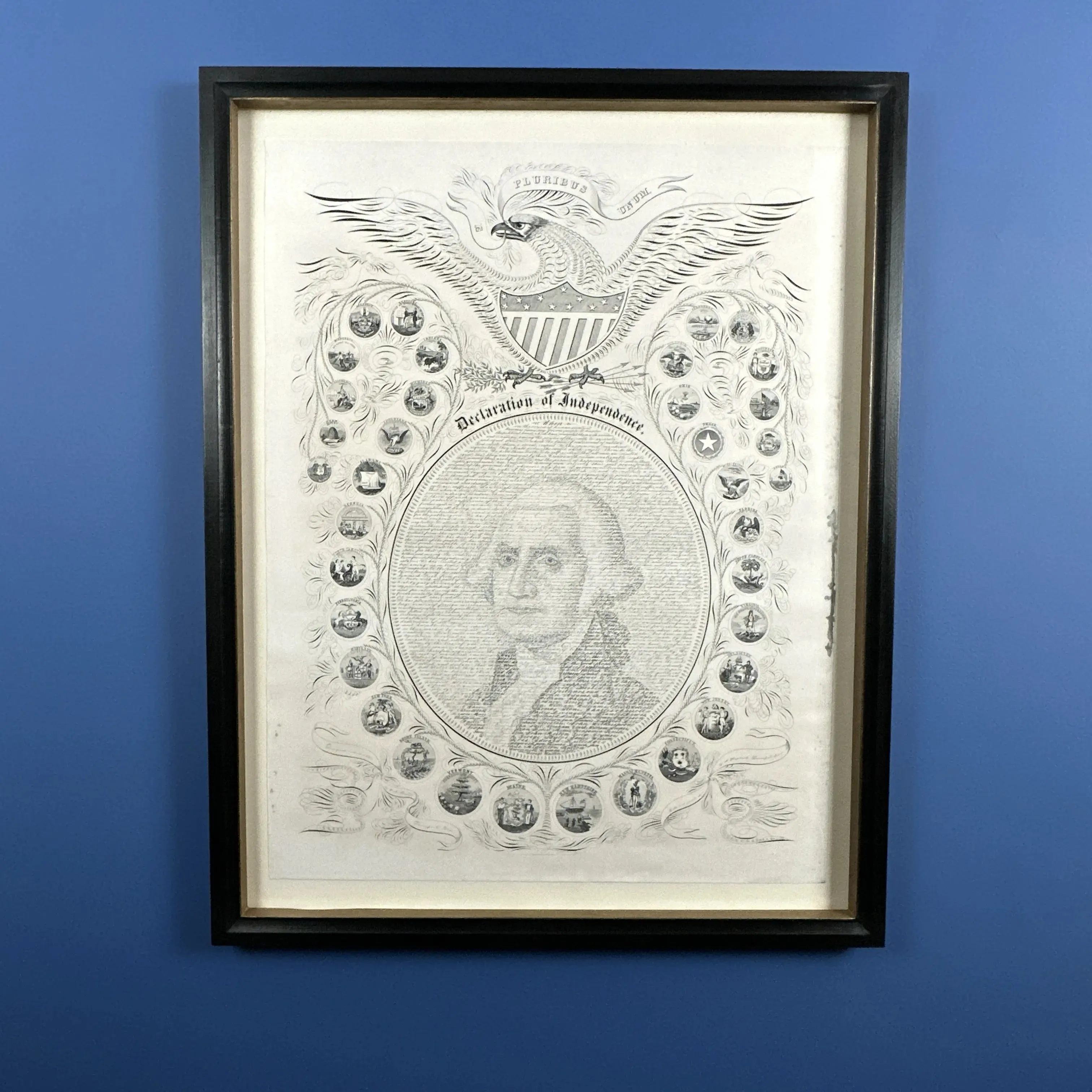 Framed "Declaration of Independence" Calligraphy of George Washington with the seals of 16 states