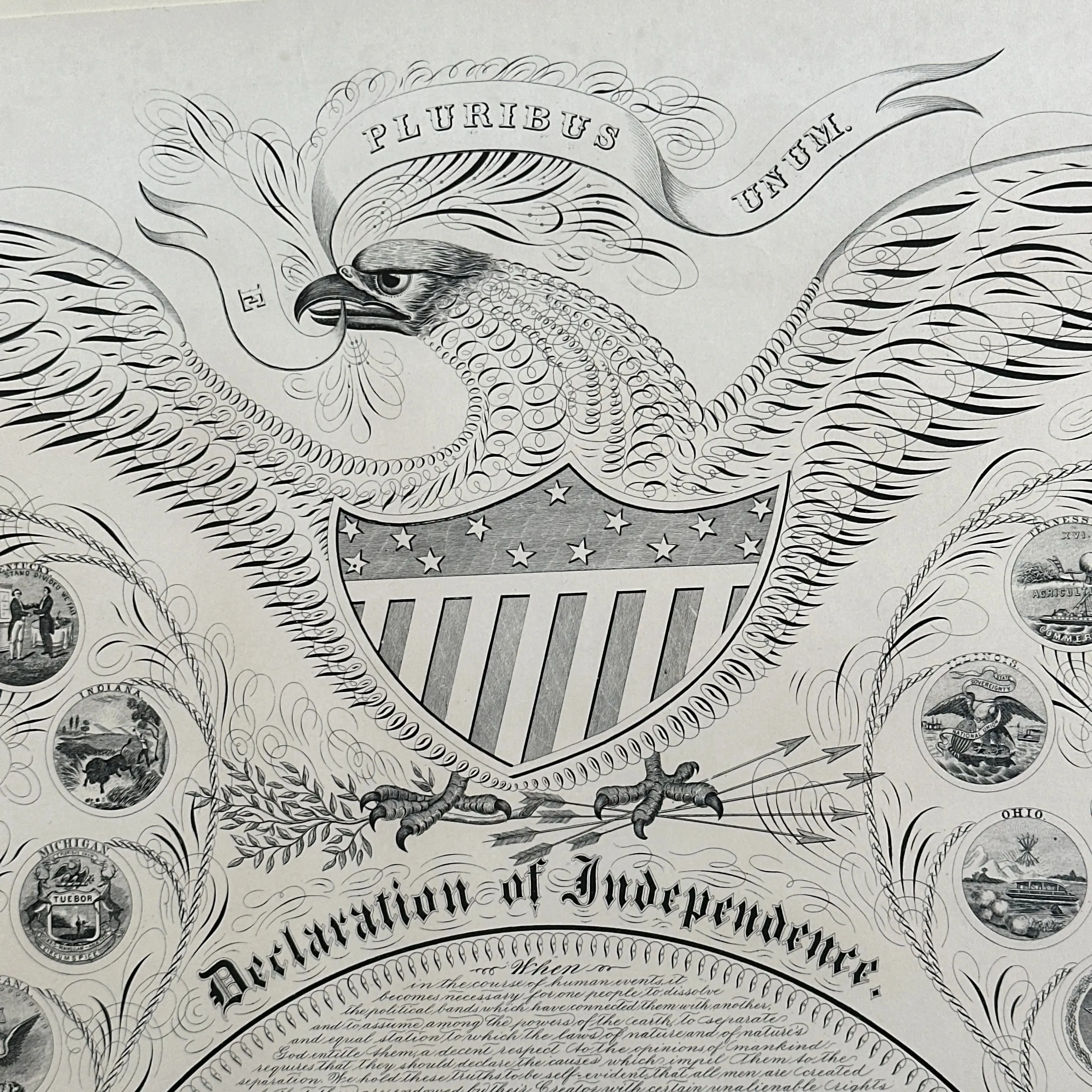 Framed "Declaration of Independence" Calligraphy of George Washington with the seals of 16 states