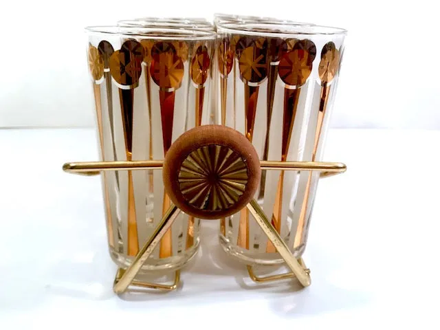 Fred Press Signed Mid-Century Gold and White Atomic Star Glasses (Set of 8 with Carrier)