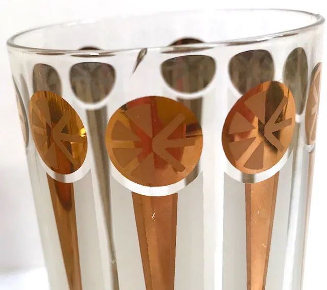 Fred Press Signed Mid-Century Gold and White Atomic Star Glasses (Set of 8 with Carrier)