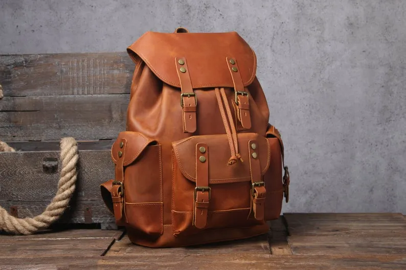 Full Grain Leather Bag Travel Backpack School Bag