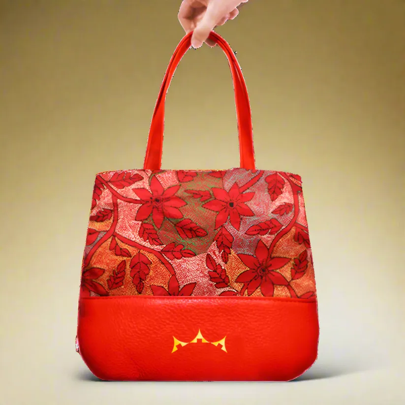 Genuine Leather & Embroidery Tiny Tote - Bright Red