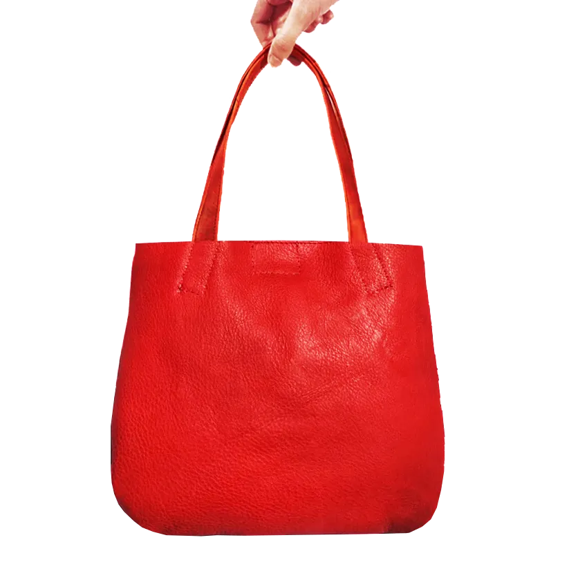 Genuine Leather & Embroidery Tiny Tote - Bright Red