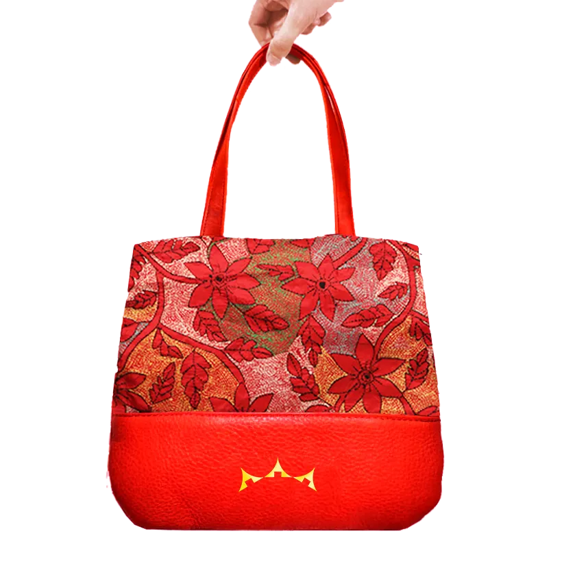 Genuine Leather & Embroidery Tiny Tote - Bright Red