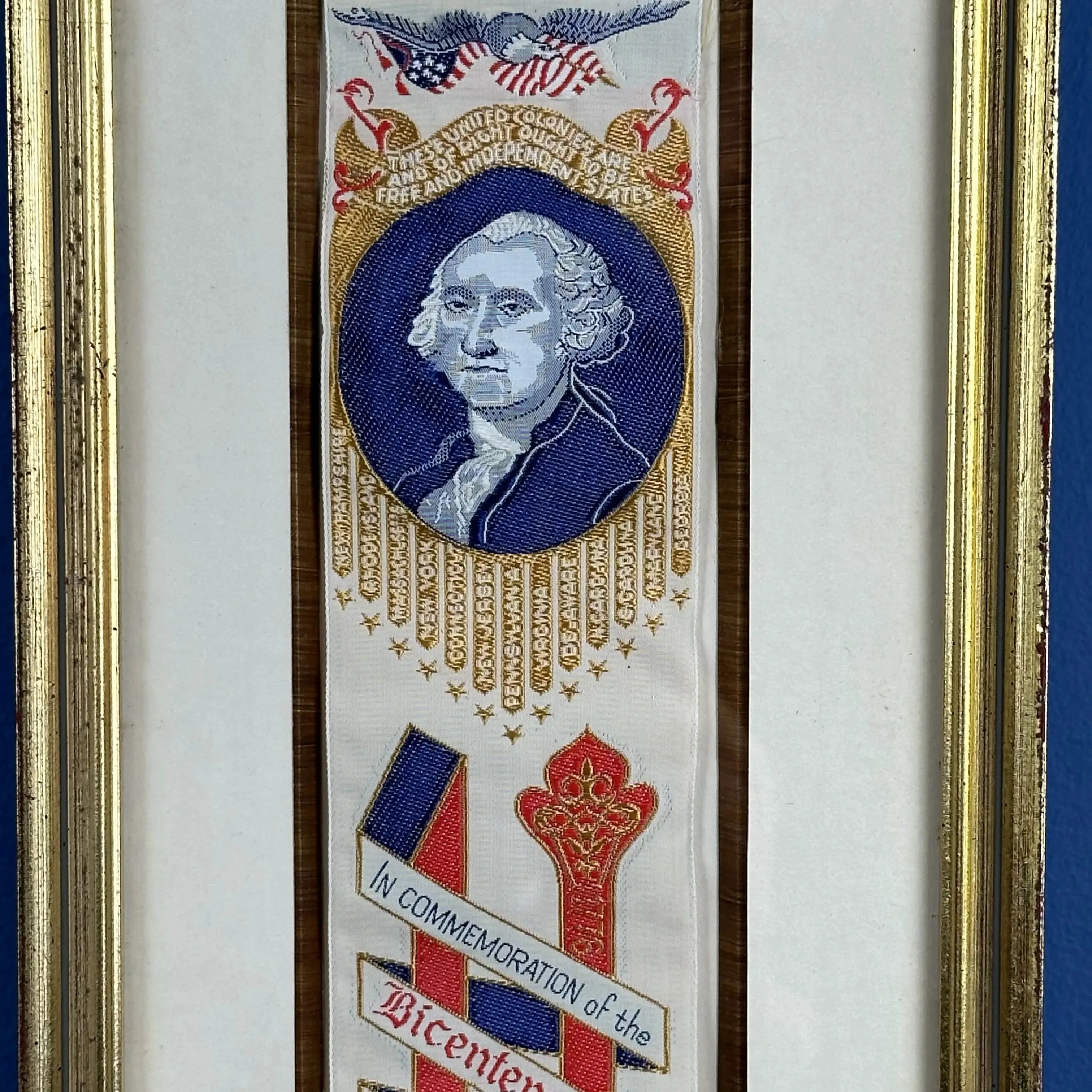 George Washington Bicentennial Silk Stevengraph Ribbon — Framed