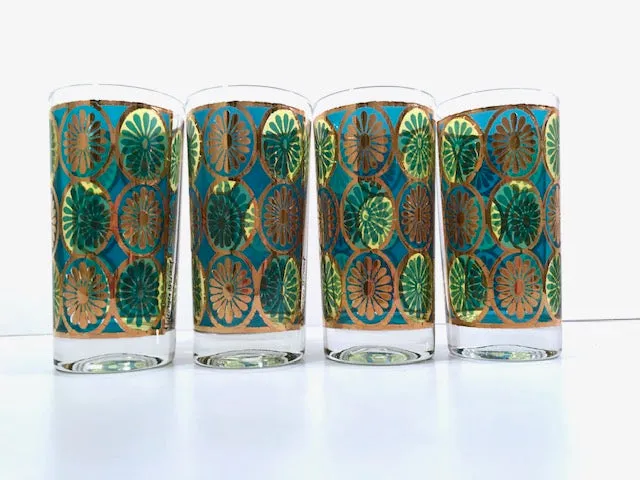 Georges Briard Signed Mid-Century Blue and Green Kaleidoscope Glasses (Set of 4)