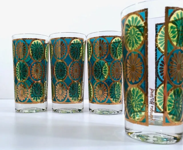 Georges Briard Signed Mid-Century Blue and Green Kaleidoscope Glasses (Set of 4)