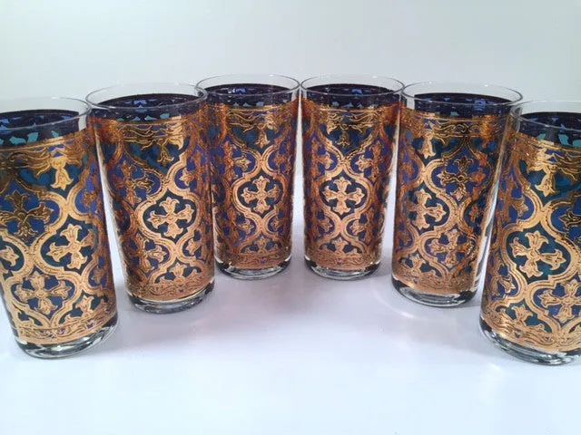 Georges Briard Signed Mid-Century Firenza Blue and 22-Karat Gold Italian Renaissance Cross Highball Glasses (Set of 6)