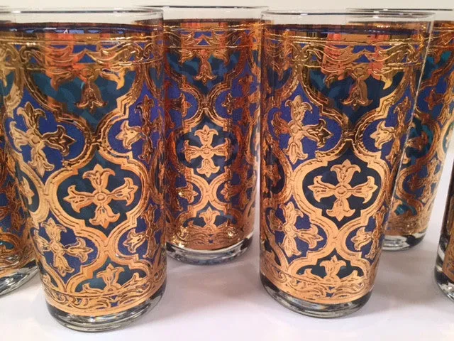 Georges Briard Signed Mid-Century Firenza Blue and 22-Karat Gold Italian Renaissance Cross Highball Glasses (Set of 6)