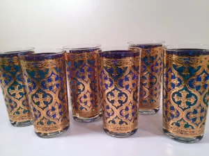 Georges Briard Signed Mid-Century Firenza Blue and 22-Karat Gold Italian Renaissance Cross Highball Glasses (Set of 6)