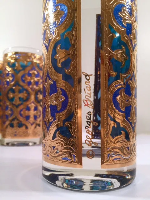 Georges Briard Signed Mid-Century Firenza Blue and 22-Karat Gold Italian Renaissance Cross Highball Glasses (Set of 6)