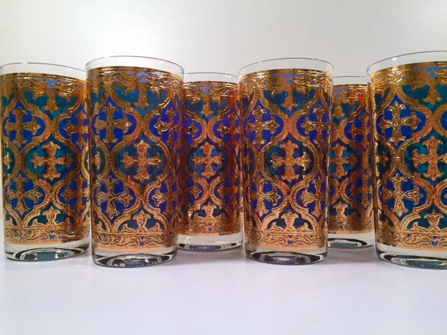 Georges Briard Signed Mid-Century Firenza Blue and 22-Karat Gold Italian Renaissance Cross Highball Glasses (Set of 6)