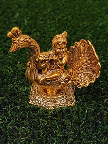 GiftNagri Gold Plated Metal Hindu God Krishna Kanha Ji Murti On Peacock for Home Office Décor Pooja Purpose and Decorative Showpiece