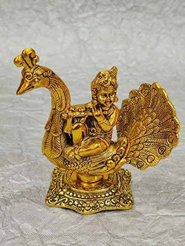 GiftNagri Gold Plated Metal Hindu God Krishna Kanha Ji Murti On Peacock for Home Office Décor Pooja Purpose and Decorative Showpiece