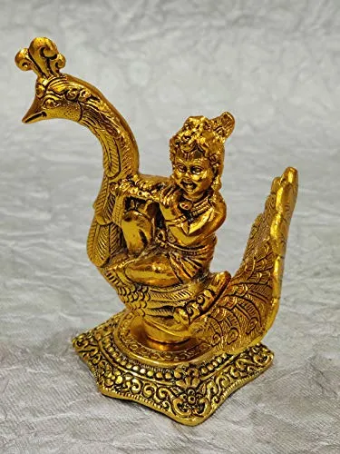 GiftNagri Gold Plated Metal Hindu God Krishna Kanha Ji Murti On Peacock for Home Office Décor Pooja Purpose and Decorative Showpiece