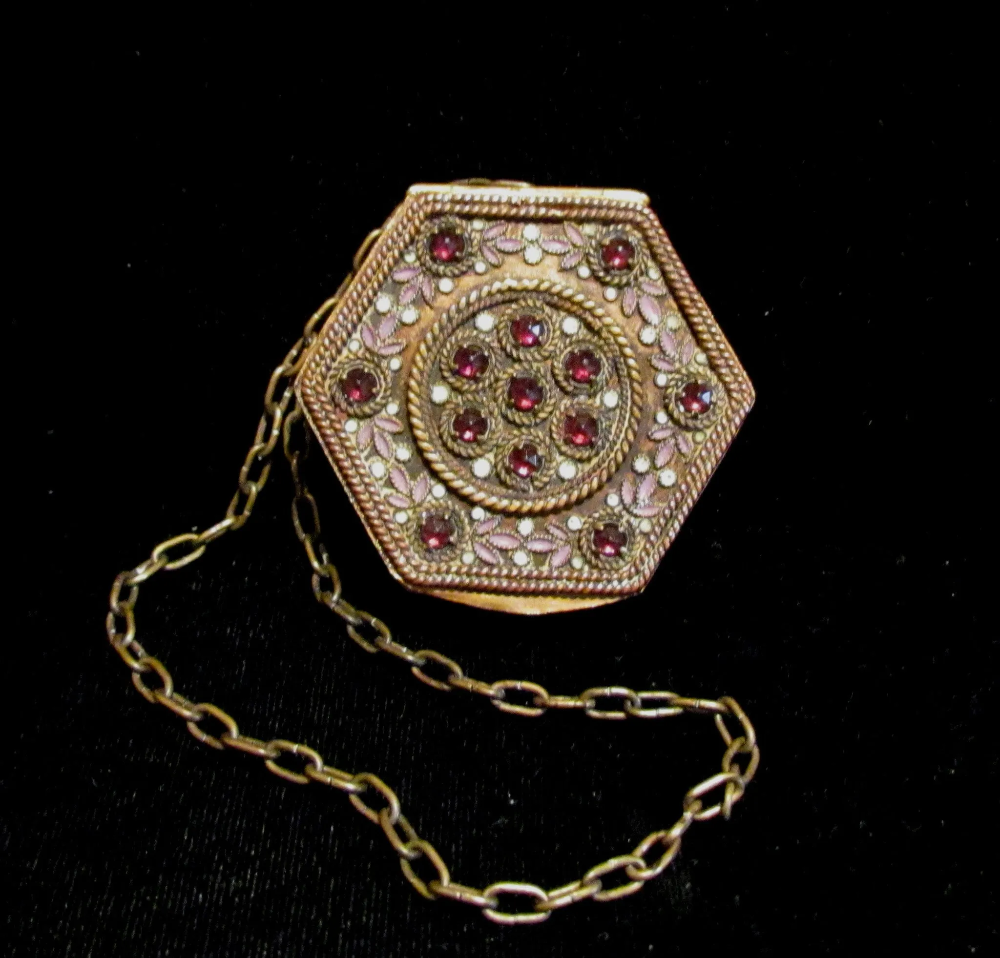 Gold Compact Purse Fuchsia Rhinestones 1890s French Polygon Powder Compact Purse