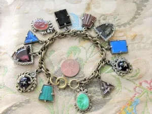 GORGEOUS Art Deco Czech Glass FOB Charm Bracelet 12 Detailed Watch Fobs,Quality 1920s-30s Unique Bracelet,Collectible Czech Glass Jewelry