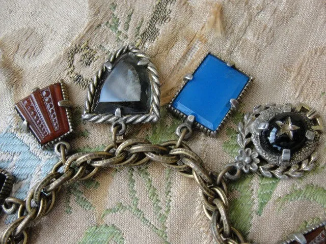 GORGEOUS Art Deco Czech Glass FOB Charm Bracelet 12 Detailed Watch Fobs,Quality 1920s-30s Unique Bracelet,Collectible Czech Glass Jewelry