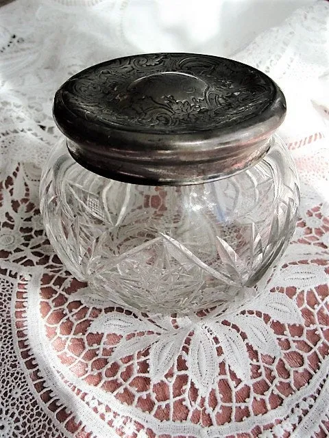 GORGEOUS Engraved Floral Sterling Silver and Cut Crystal Vanity Jar, Large Dresser Jar,Cosmetic Container,French Chateau Decor, Impressive