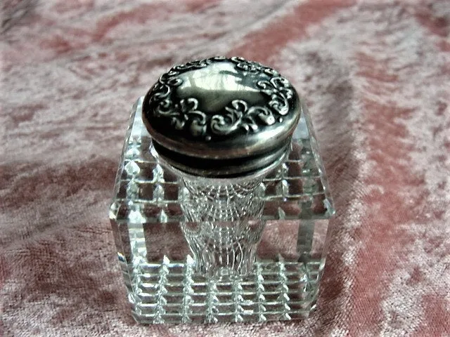 GORGEOUS Repousse Floral Sterling Silver and Crystal Vanity Jar Dresser Cosmetic Container Decorative Boudoir or Ladies Inkwell Collectible