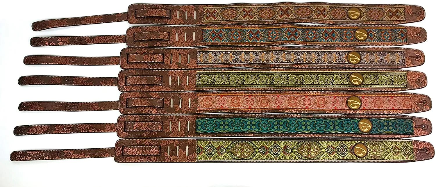 Handmade 60's 70's Jacquard Renaissance Guitar Strap by VTAR, Made with Vegan Leather. Green Renaissance