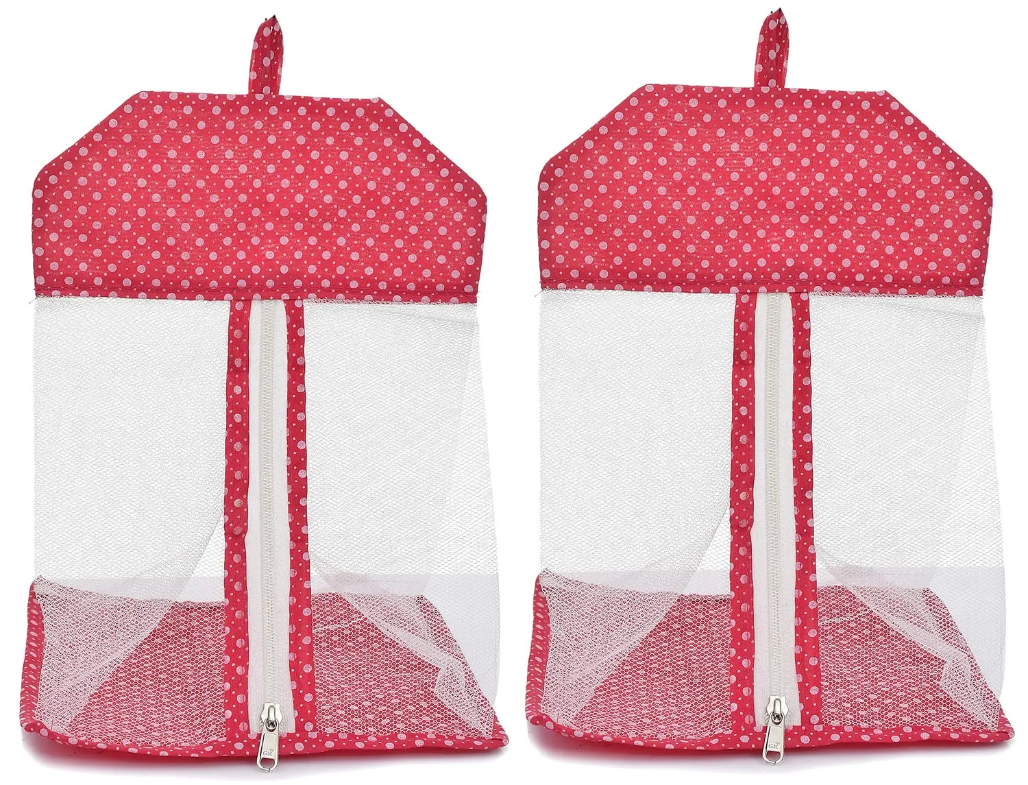 Heart Home Dot Printed Cotton Hanging Mesh Clothes Bag, Organizer For Store Socks, Underwear, Clothespins,Gadget,Cosmetic,Garlic,Onion With Zipper & Hanging Loop- Pack of 2 (Pink)