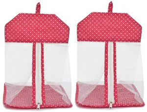 Heart Home Dot Printed Cotton Hanging Mesh Clothes Bag, Organizer For Store Socks, Underwear, Clothespins,Gadget,Cosmetic,Garlic,Onion With Zipper & Hanging Loop- Pack of 2 (Pink)