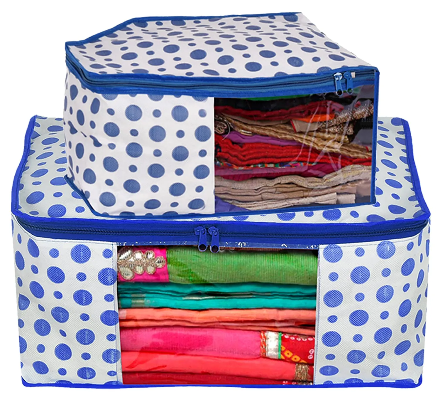 Heart Home Dot Printed Non-Woven Blouse & Saree Cover, Cloth Organizer, Wardrobe Organiser Set With Tranasparent Window- Pack of 2 (Blue)-46HH0466