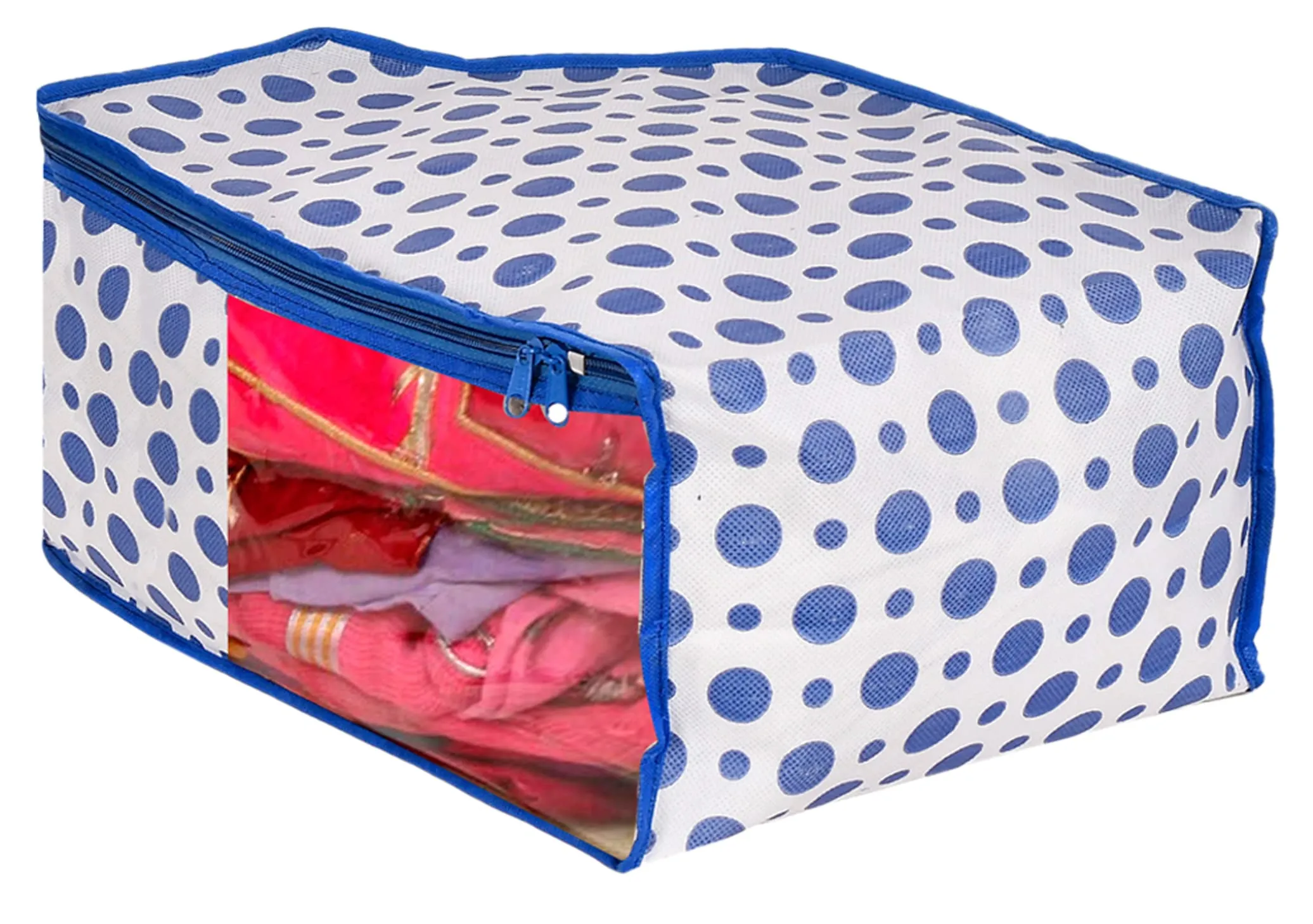 Heart Home Dot Printed Non-Woven Blouse & Saree Cover, Cloth Organizer, Wardrobe Organiser Set With Tranasparent Window- Pack of 2 (Blue)-46HH0466