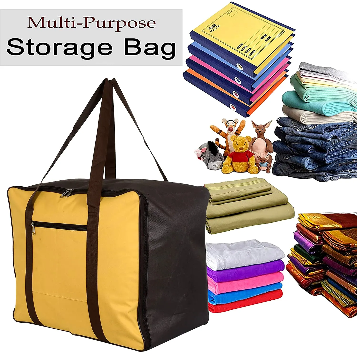 Heart Home Moisture Proof Wardrobe Organizer Storage Bag For Clothes With Zipper Closure and Handle (Yellow & Brown)-HS43HEARTH26653