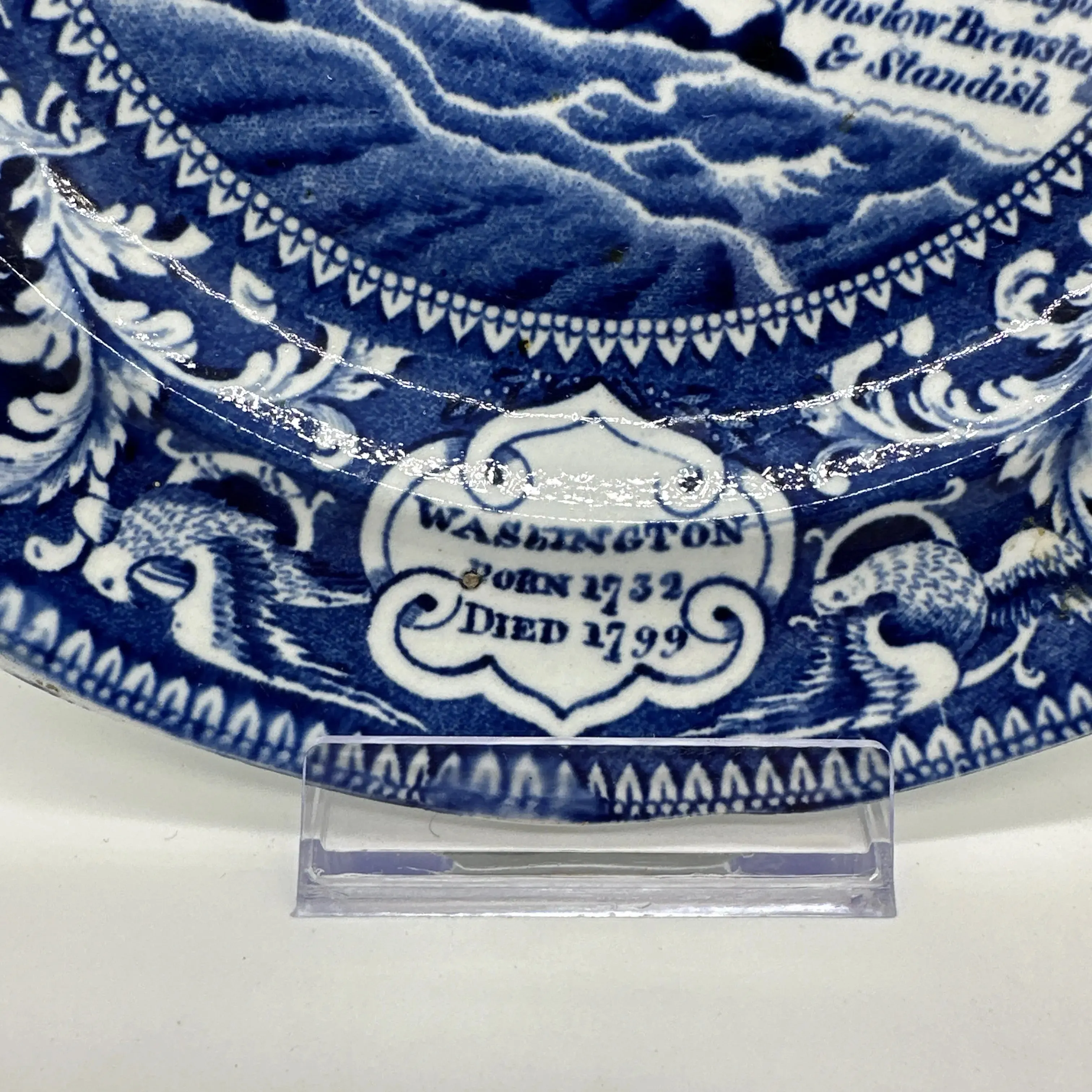 Historical Staffordshire blue plates c1825 commemorating the landing at Plymouth and four other historical events