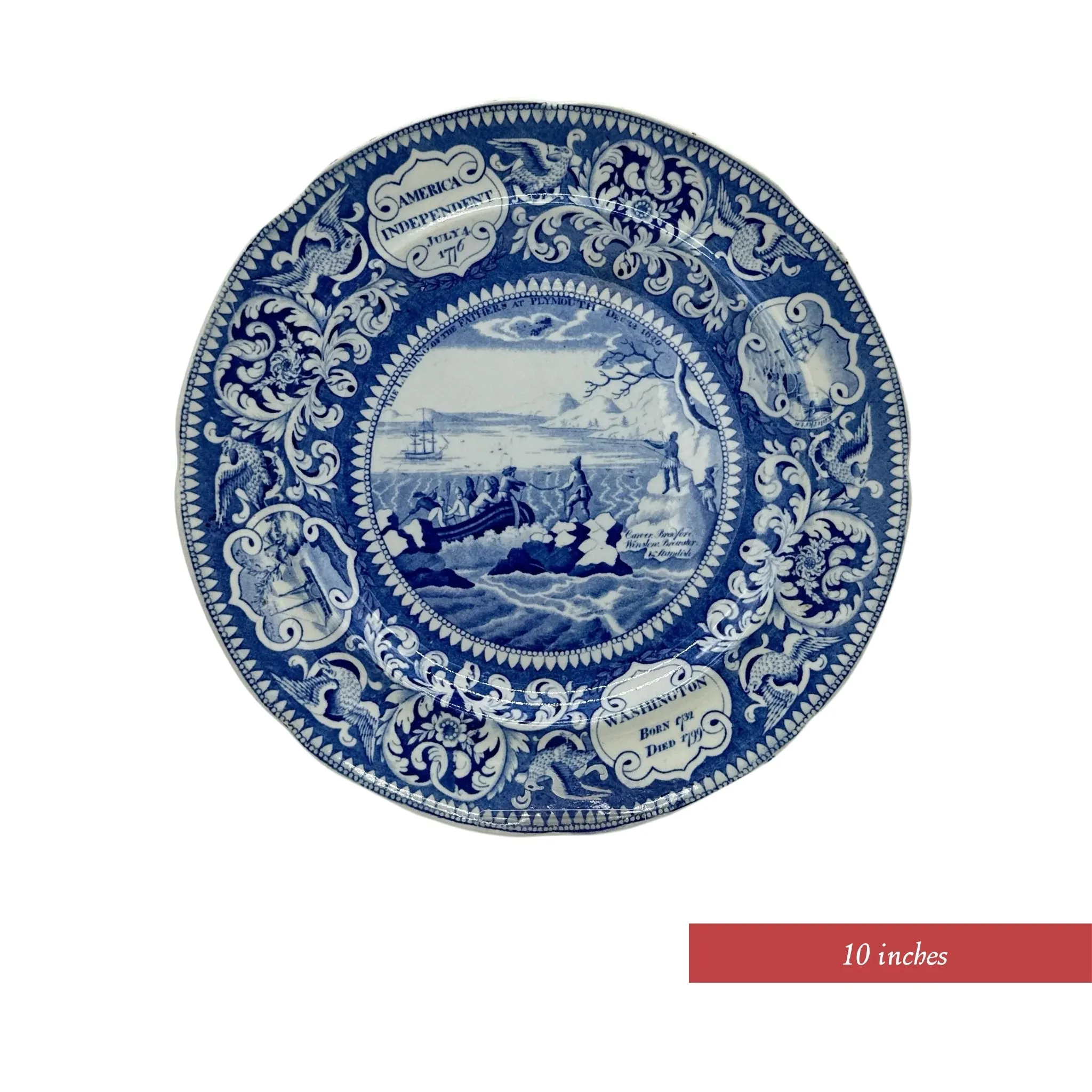 Historical Staffordshire blue plates c1825 commemorating the landing at Plymouth and four other historical events