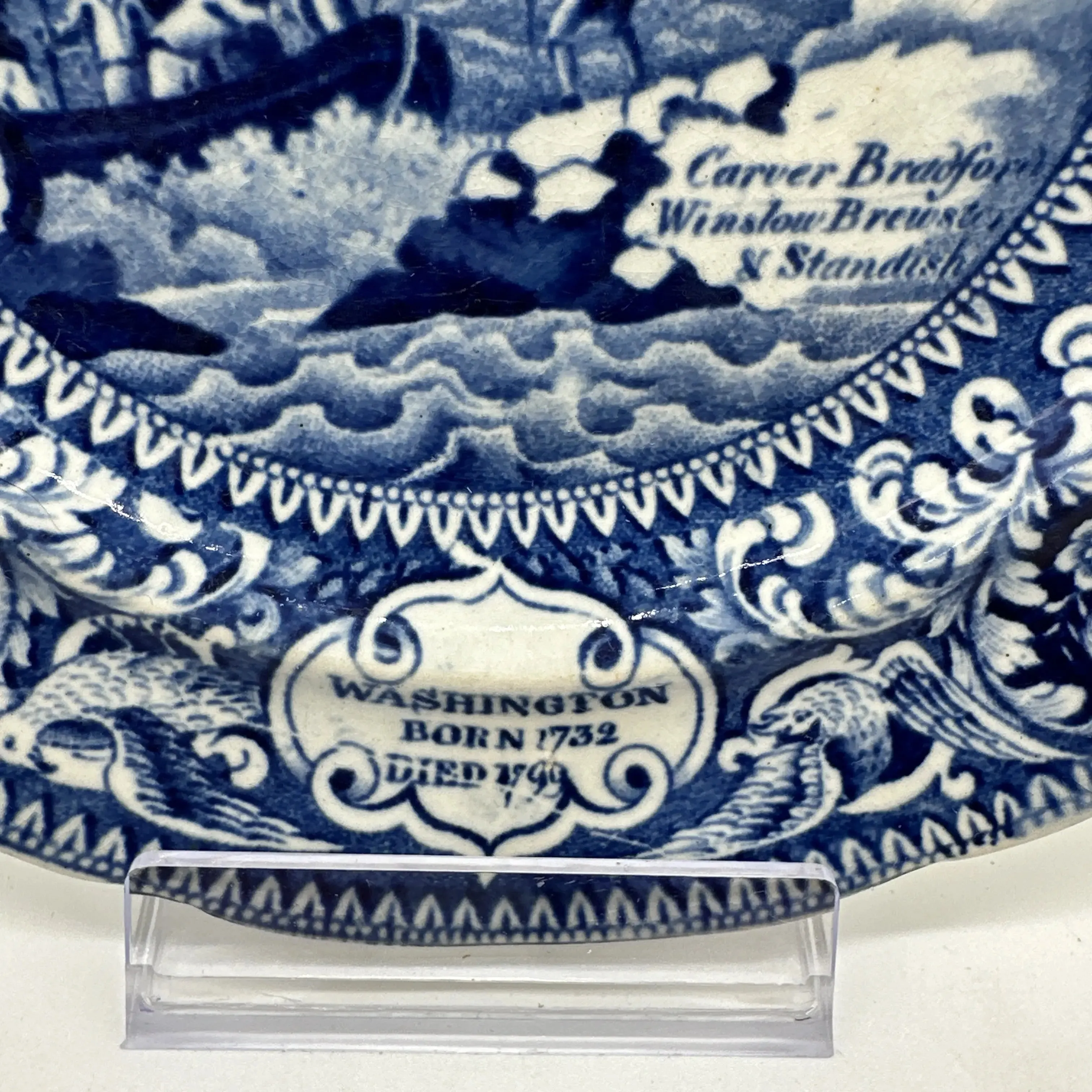 Historical Staffordshire blue plates c1825 commemorating the landing at Plymouth and four other historical events