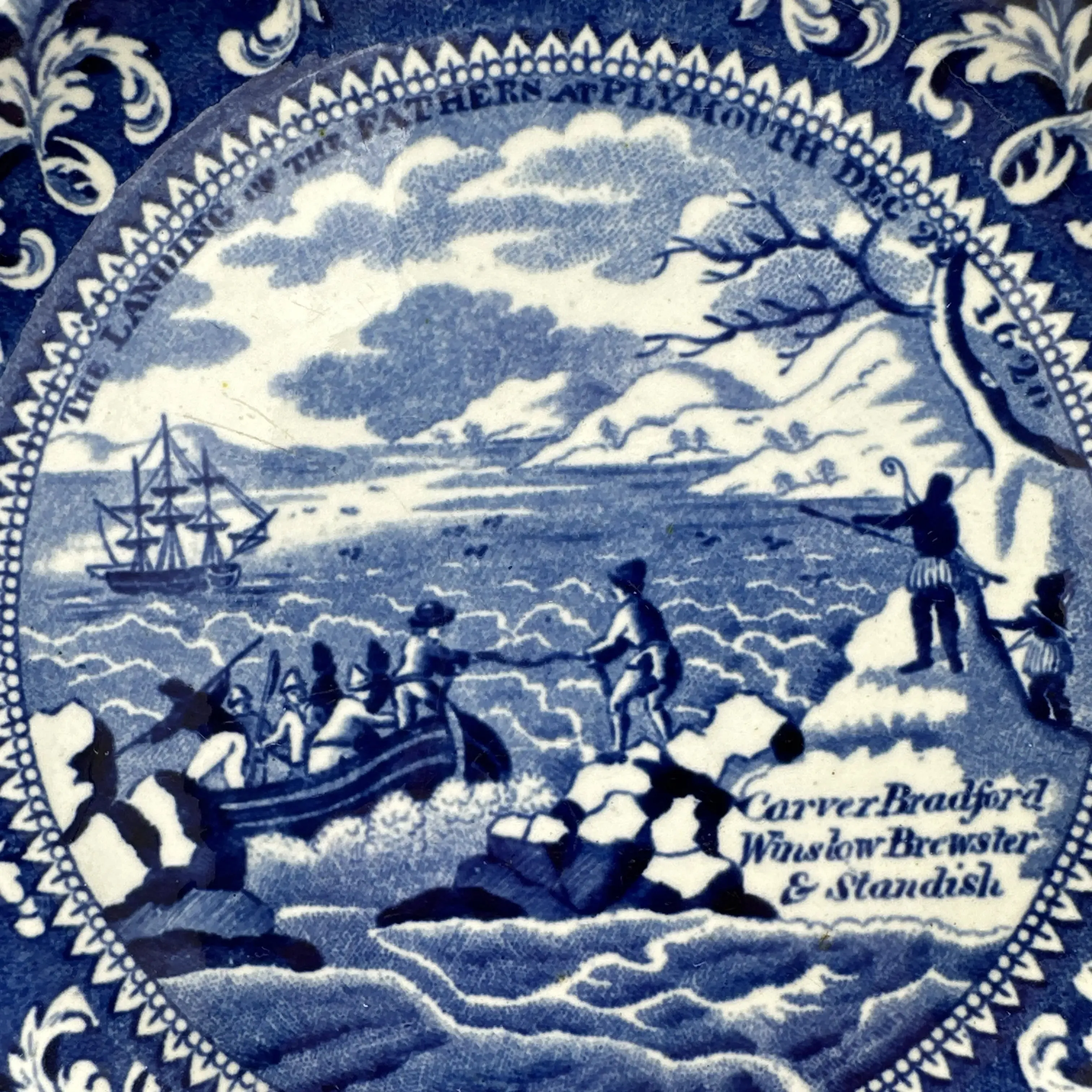 Historical Staffordshire blue plates c1825 commemorating the landing at Plymouth and four other historical events